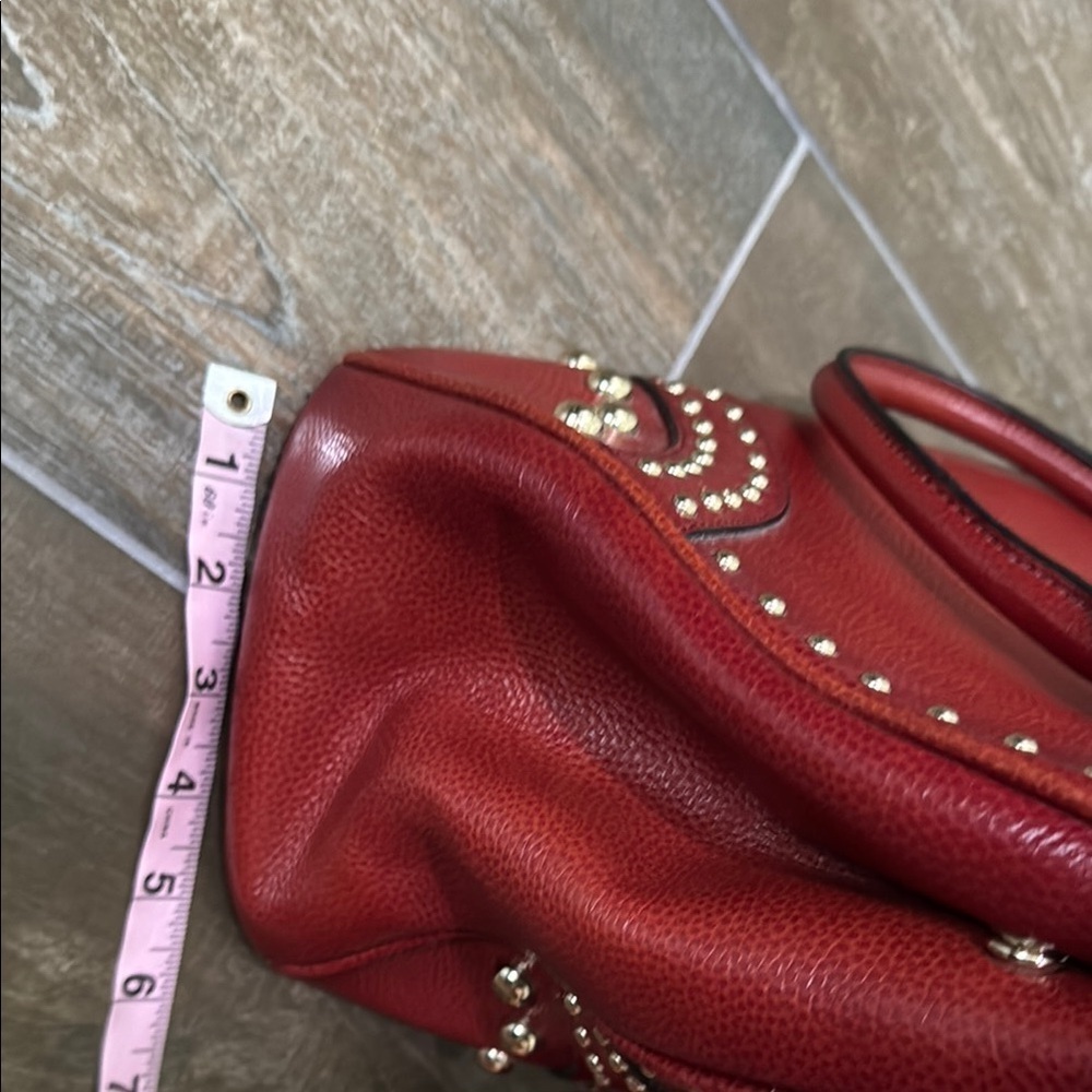 Red Studded leather Satchel with gold Accents - Picture 11 of 15